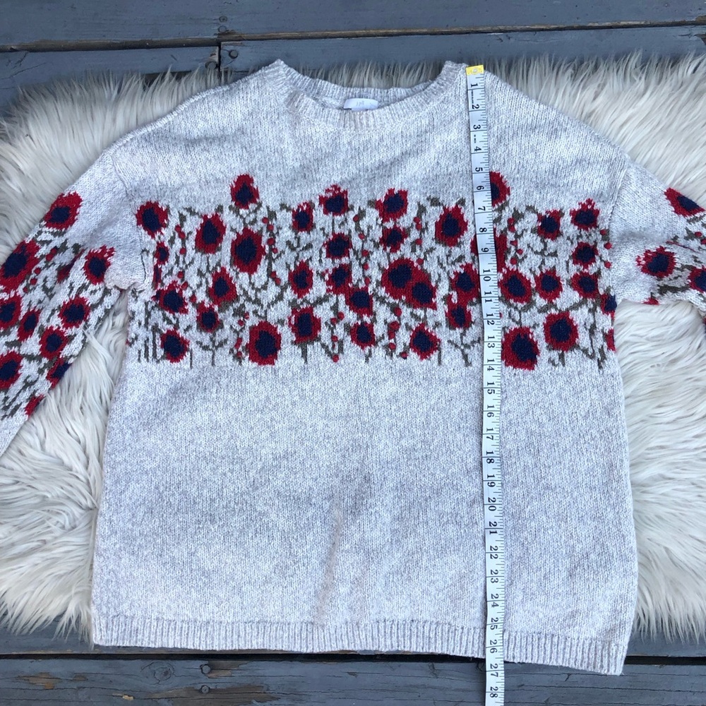 J Jill Pom Pom Embroidery Floral Cozy Crew Neck Cream Beige Red Sweater size M - Picture 10 of 11